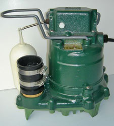closeup of a Zoeller sump pump system with a cast-iron design and plastic float switch